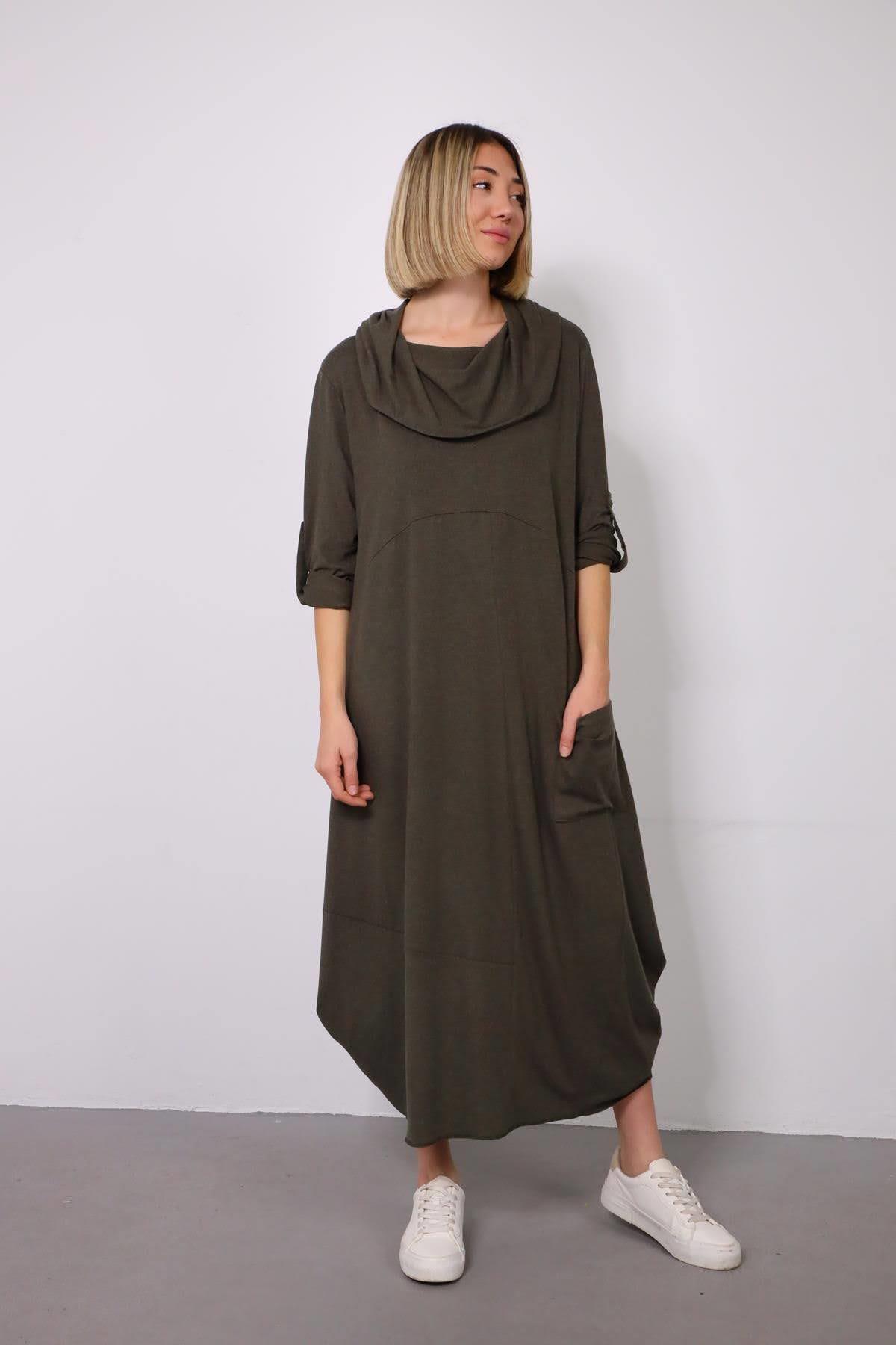  Haki Kapüşonlu Tek Cepli Salaş Elbise