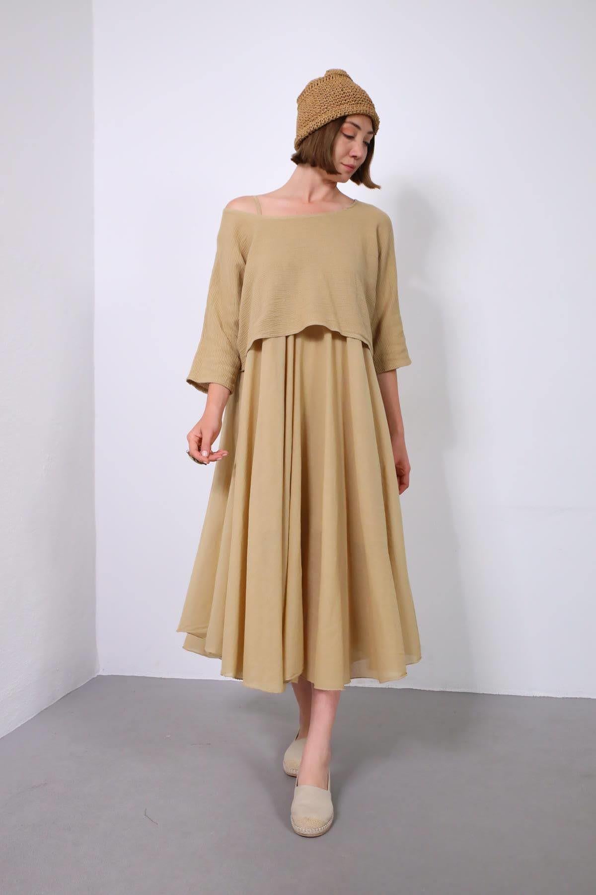 Sütlü Kahve Askılı Bluz Detaylı Elbise - Şaman Butik Sütlü Kahve Askılı Bluz Detaylı Elbise