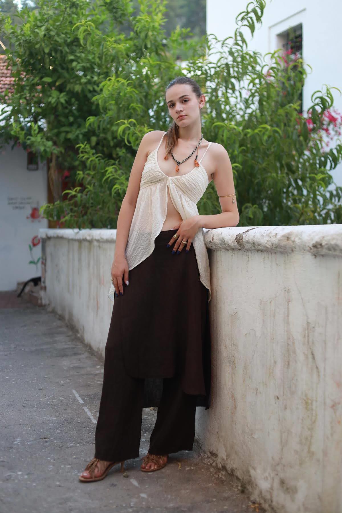 Ekru İp Askılı Yırtmaçlı Bohem Tunik