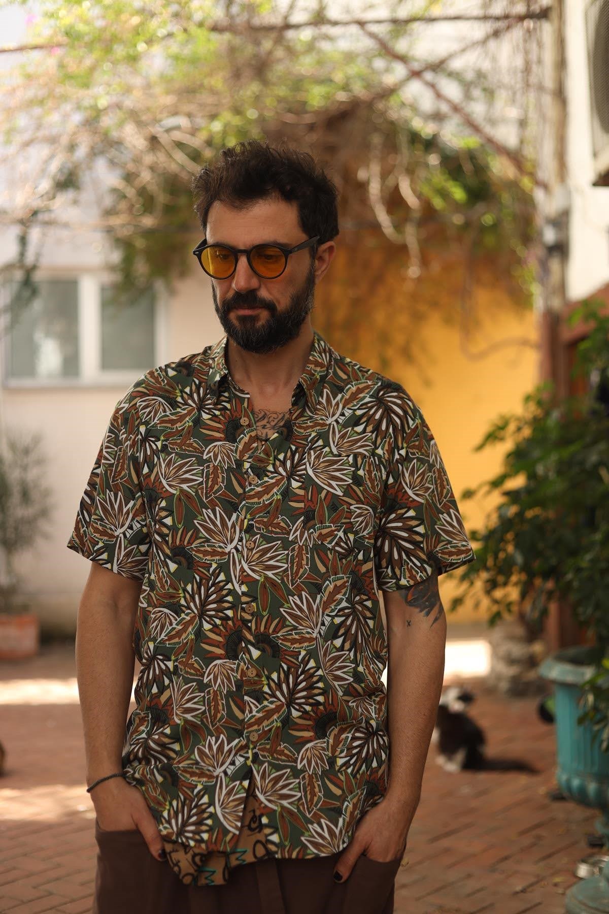 Haki Etnik Desen Klasik Yaka Gömlek