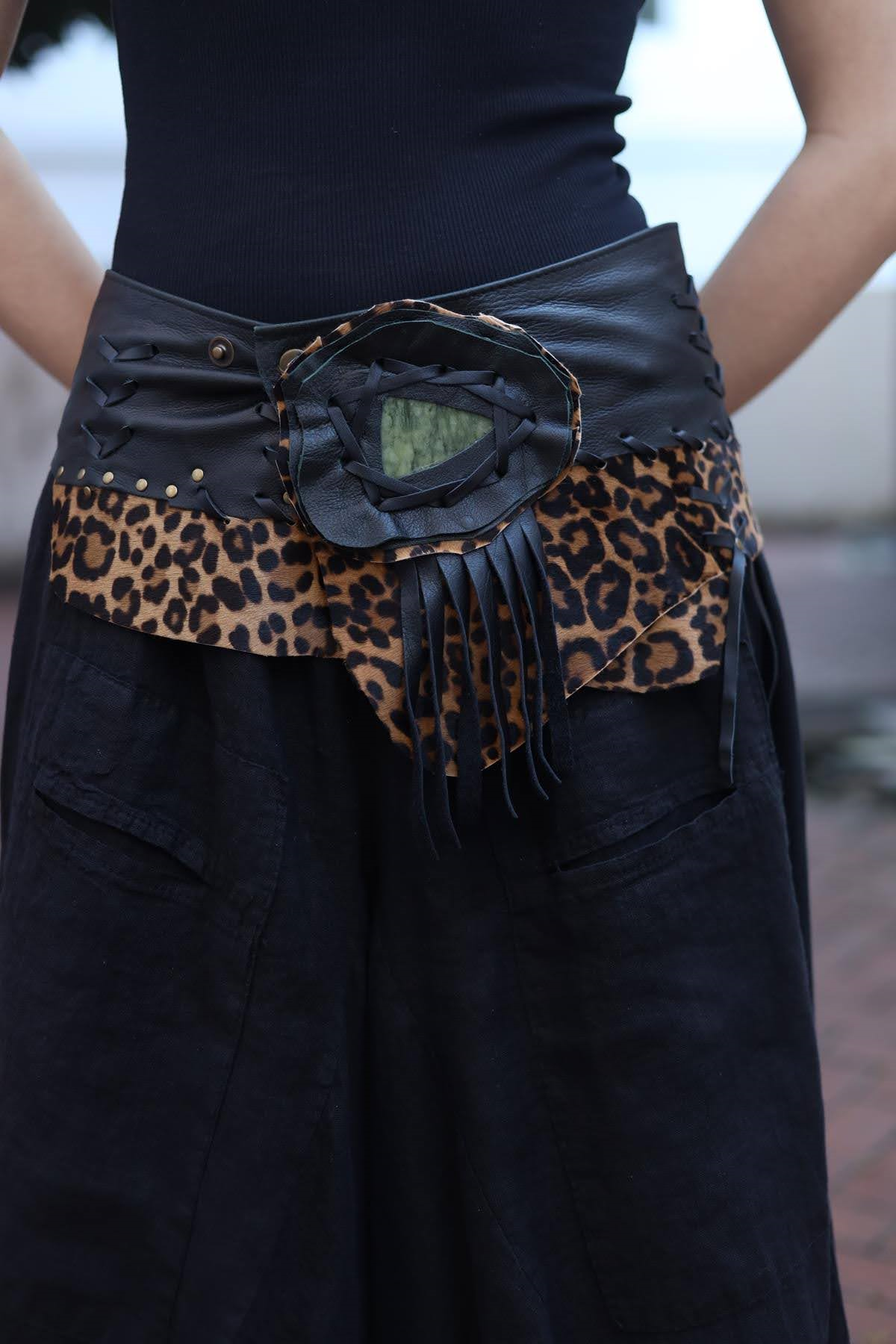 Black Leopard Patterned Natural Stone Leather Belt