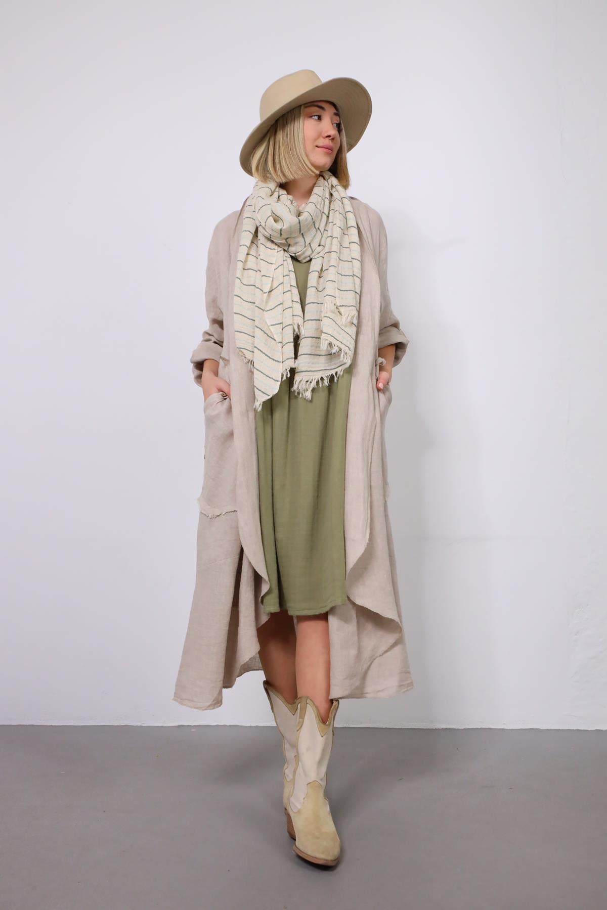 Açık Mavi ve Haki Çizgili Keten Diba Şal - Şaman Butik Açık Mavi ve Haki Çizgili Keten Diba Şal