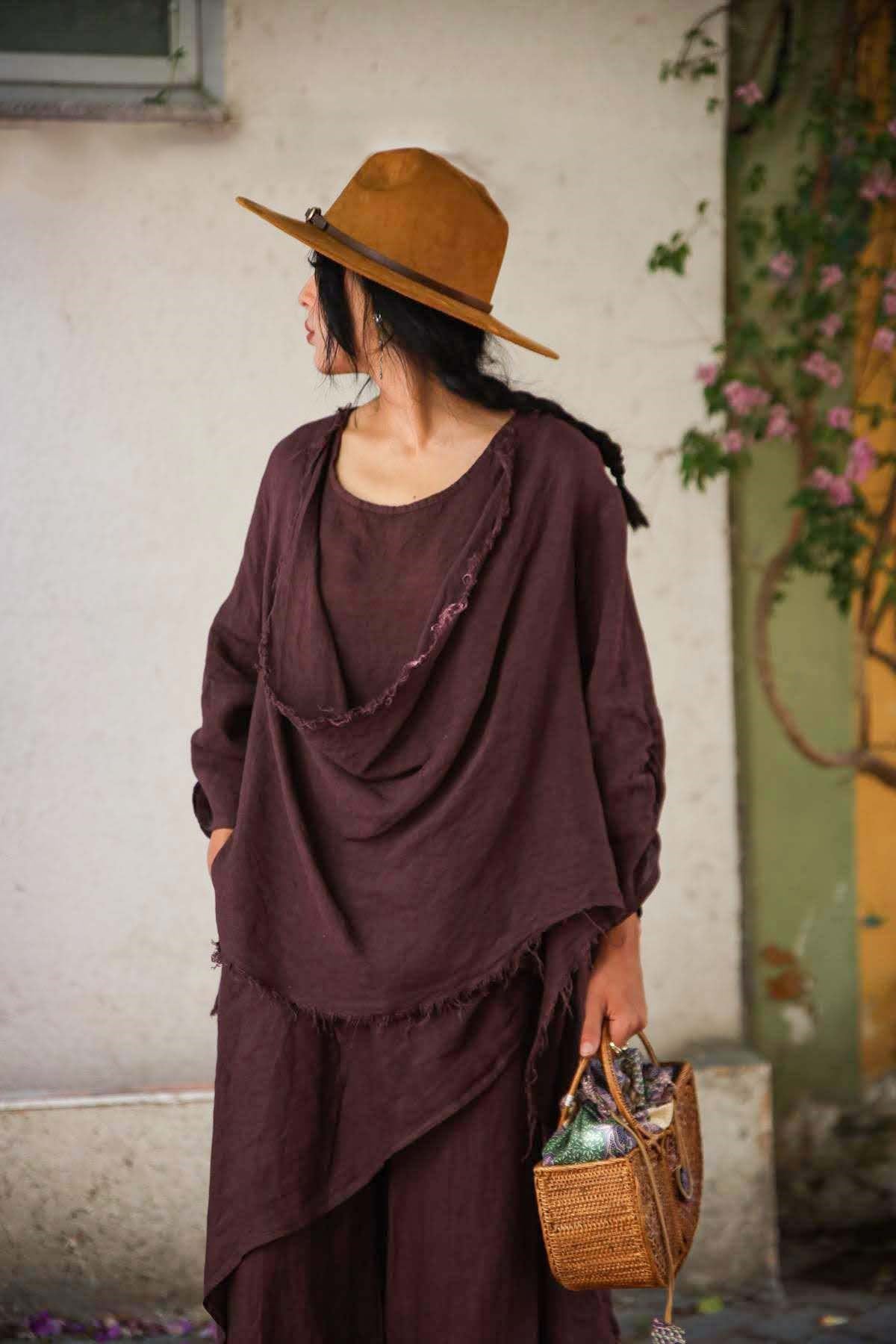 Bordo Degaje Yaka Önü Kısa Keten Tunik