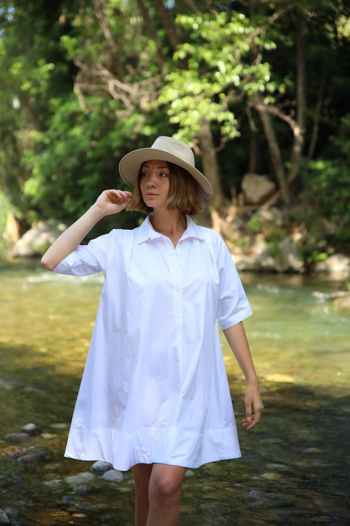 Beyaz Yarım Düğmeli Kısa Gömlek Elbise - Şaman Butik Beyaz Yarım Düğmeli Kısa Gömlek Elbise