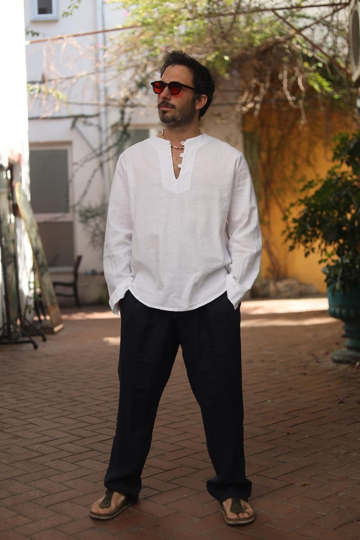 Siyah Pileli Erkek Keten Pantolon