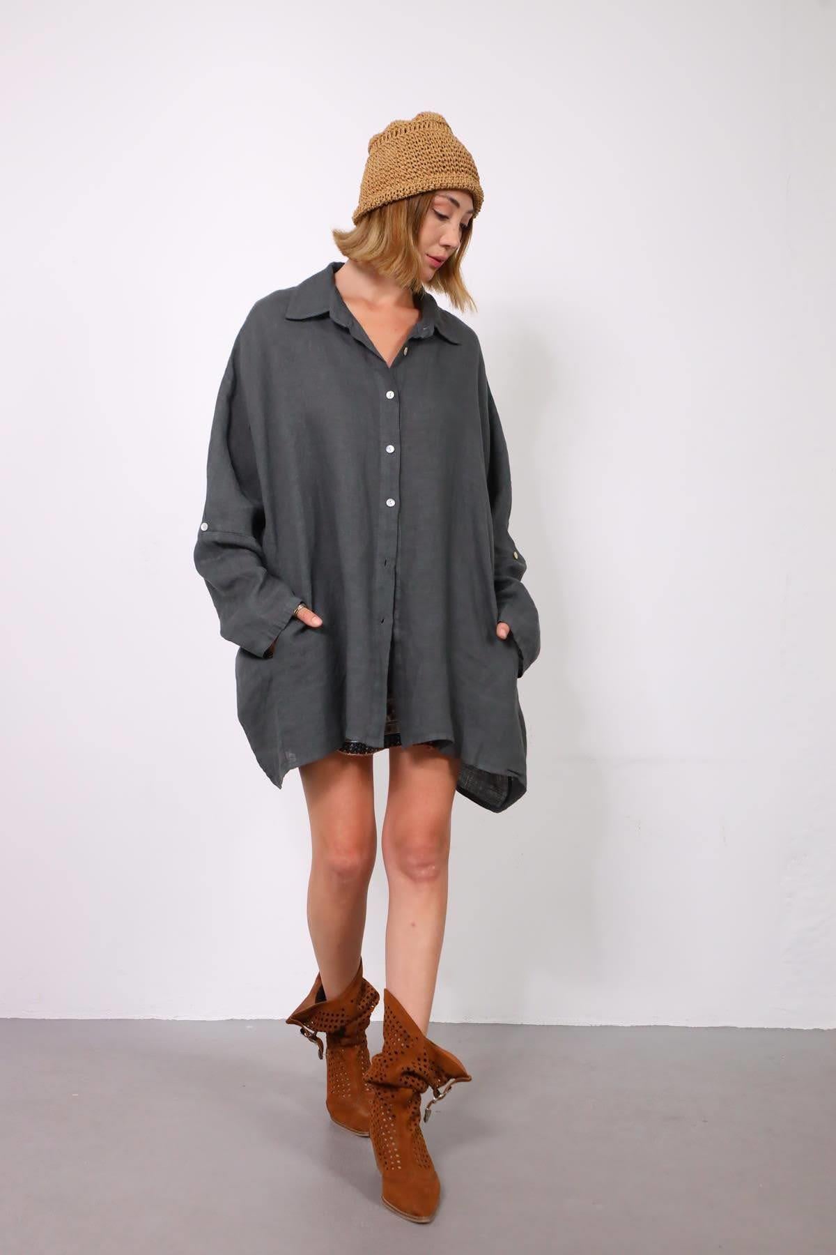 Antrasit Kolları Apoletli Uzun Keten Gömlek - Şaman Butik Antrasit Kolları Apoletli Uzun Keten Gömlek