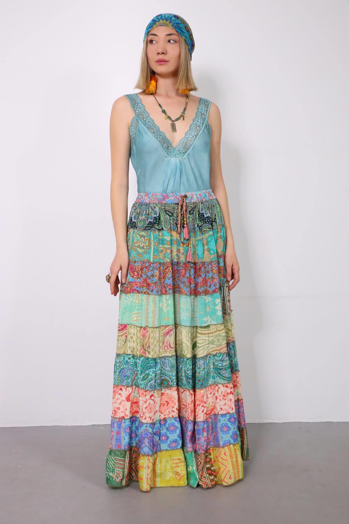 Renkli Patchwork Otantik İpek Etek - Şaman Butik Renkli Patchwork Otantik İpek Etek