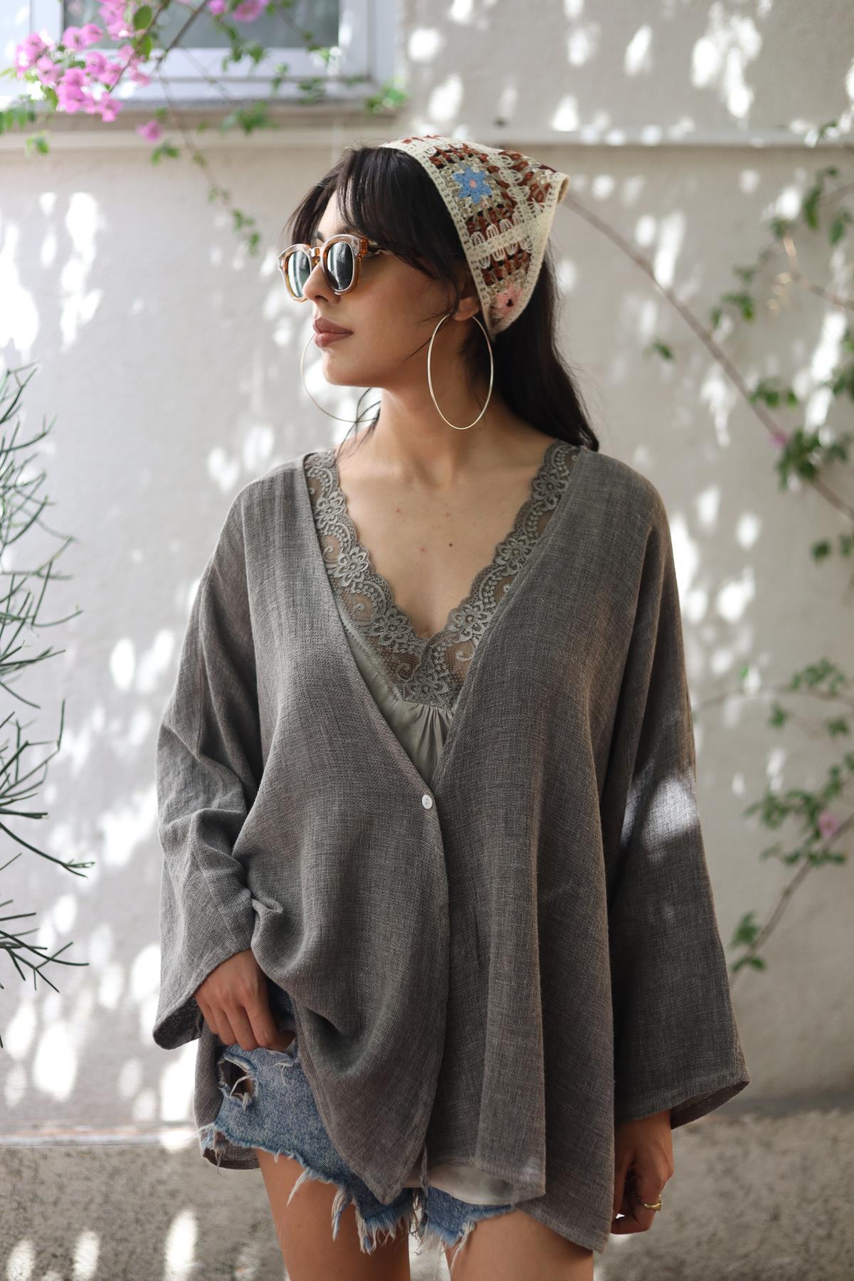 Dark Mink Single Button Linen Cardigan