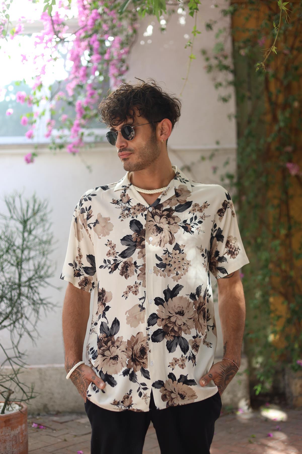 Cream Color Patterned Short Sleeve Men's Shirt