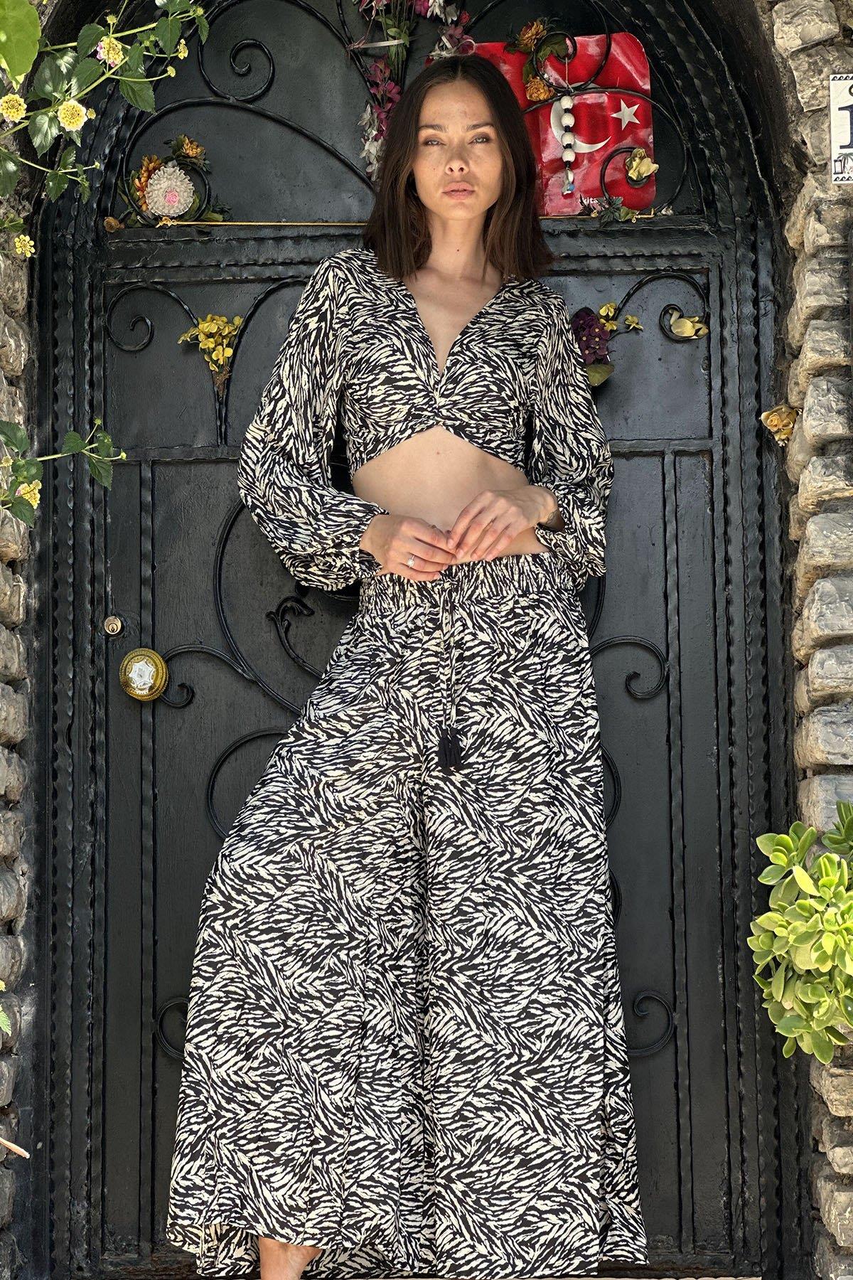 Black Patterned Bolero and Pants Set