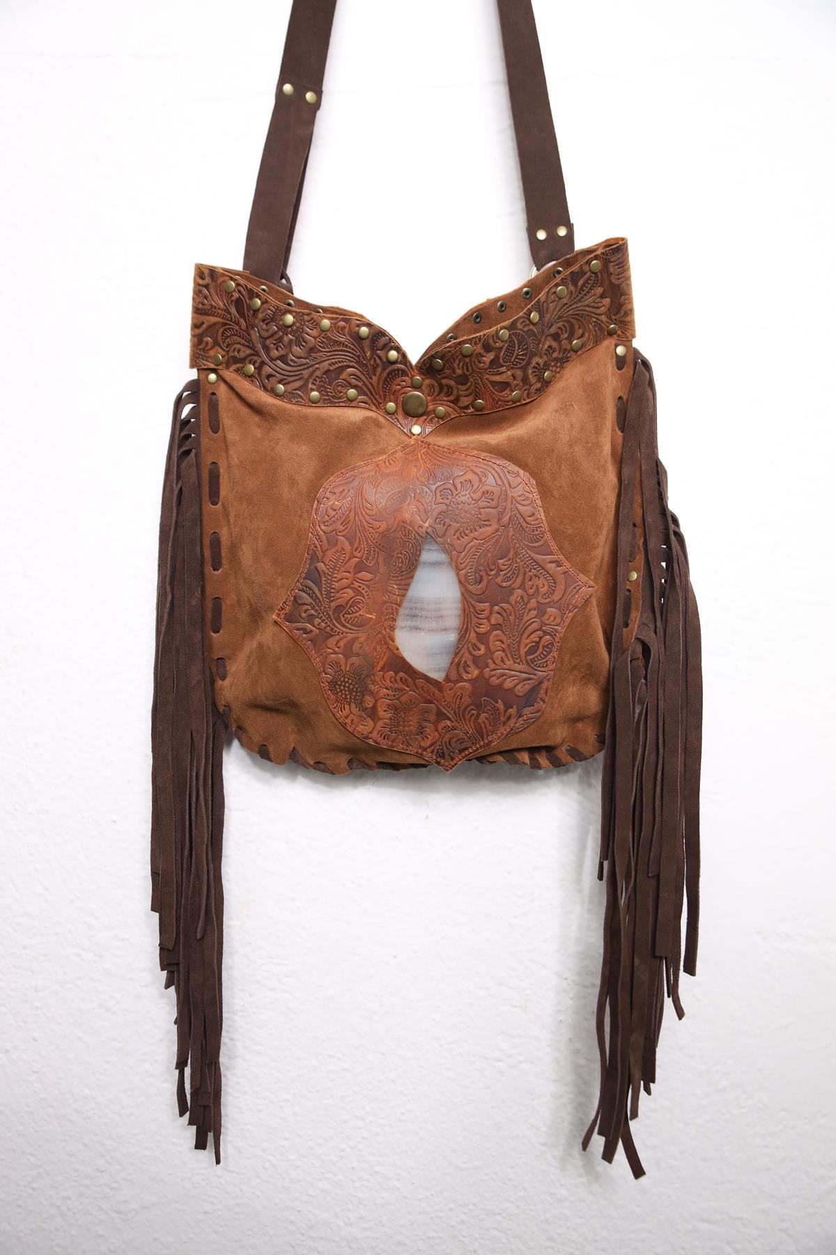 Brown Embossed Leather Detailed Suede Bag