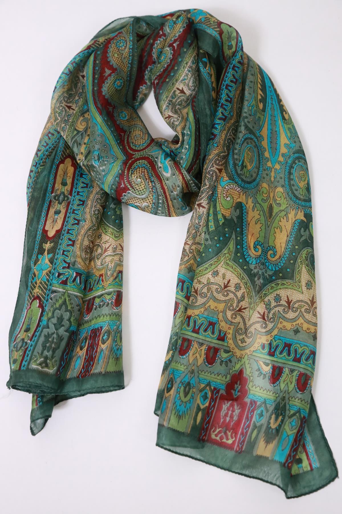 Haki Desenli İpek Şal - Şaman Butik Haki Desenli İpek Şal