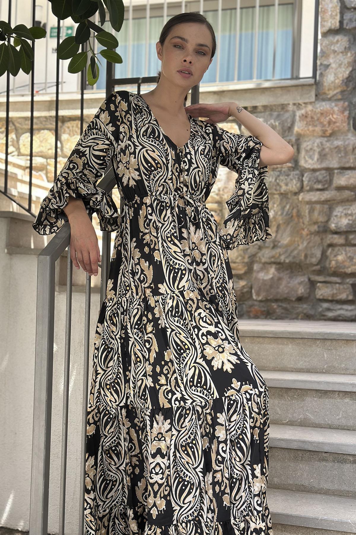 Black Button Detailed Silk Dress
