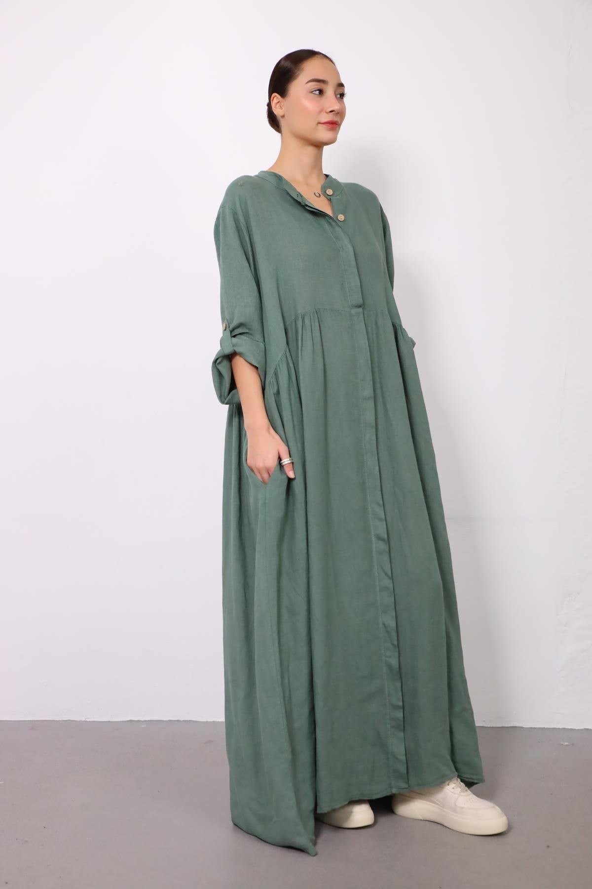 Haki Kolu Apoletli Hakim Yaka Keten Elbise - Şaman Butik Haki Kolu Apoletli Hakim Yaka Keten Elbise