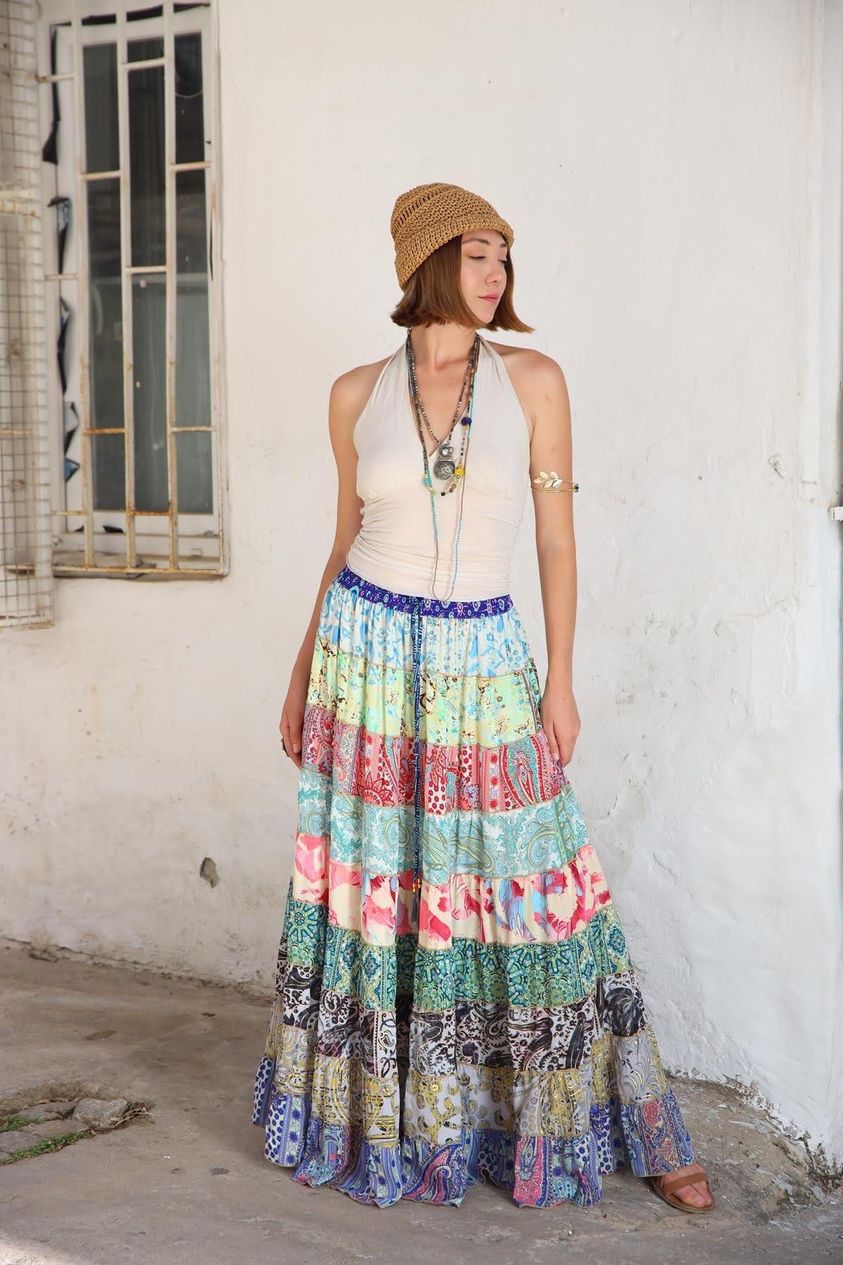 Renkli Patchwork Otantik İpek Etek - Şaman Butik Renkli Patchwork Otantik İpek Etek