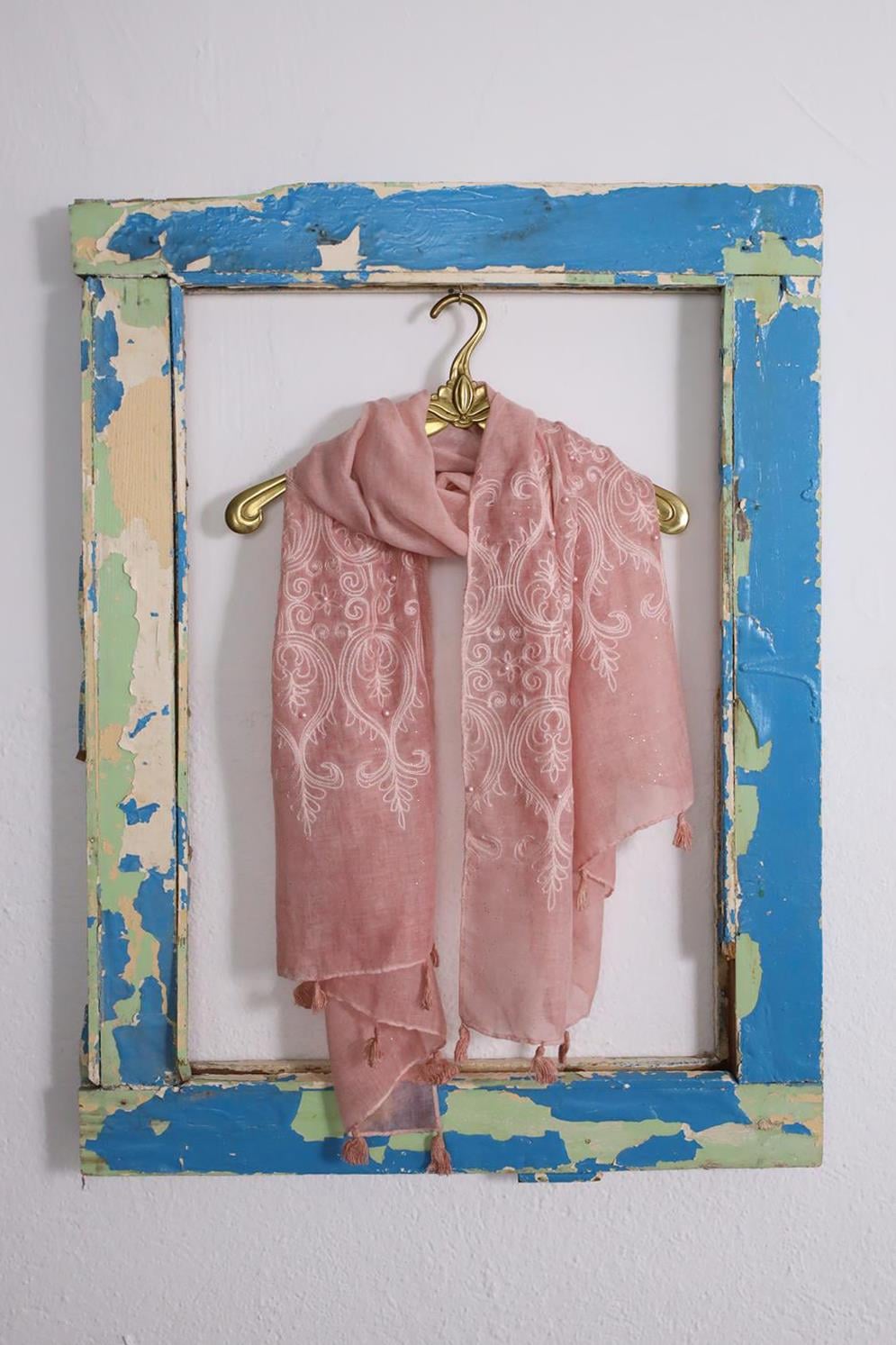 Pudra Pembe Simli İnci İşlemeli Şal - Şaman Butik Pudra Pembe Simli İnci İşlemeli Şal