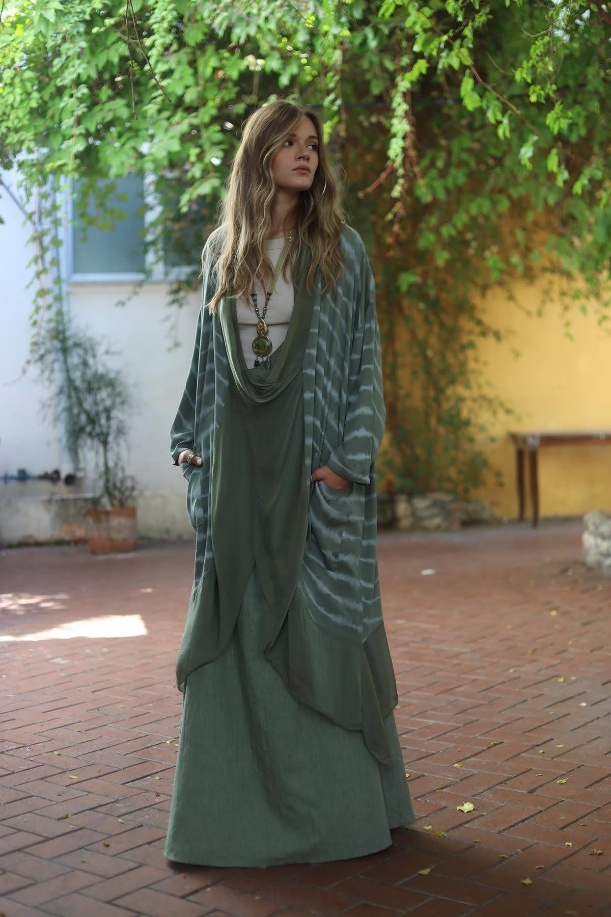 Haki Batik Desenli İpek Yaka Judith Tunik