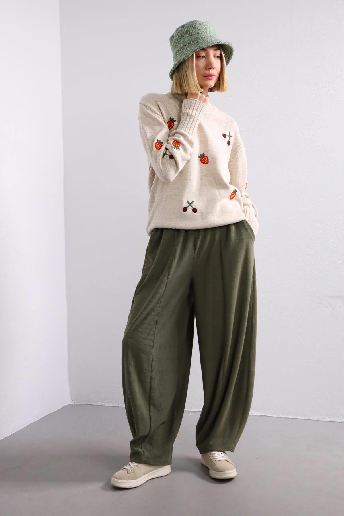 Haki Dikiş Detaylı Fitilli Kadife Pantolon - Şaman Butik - Bohem