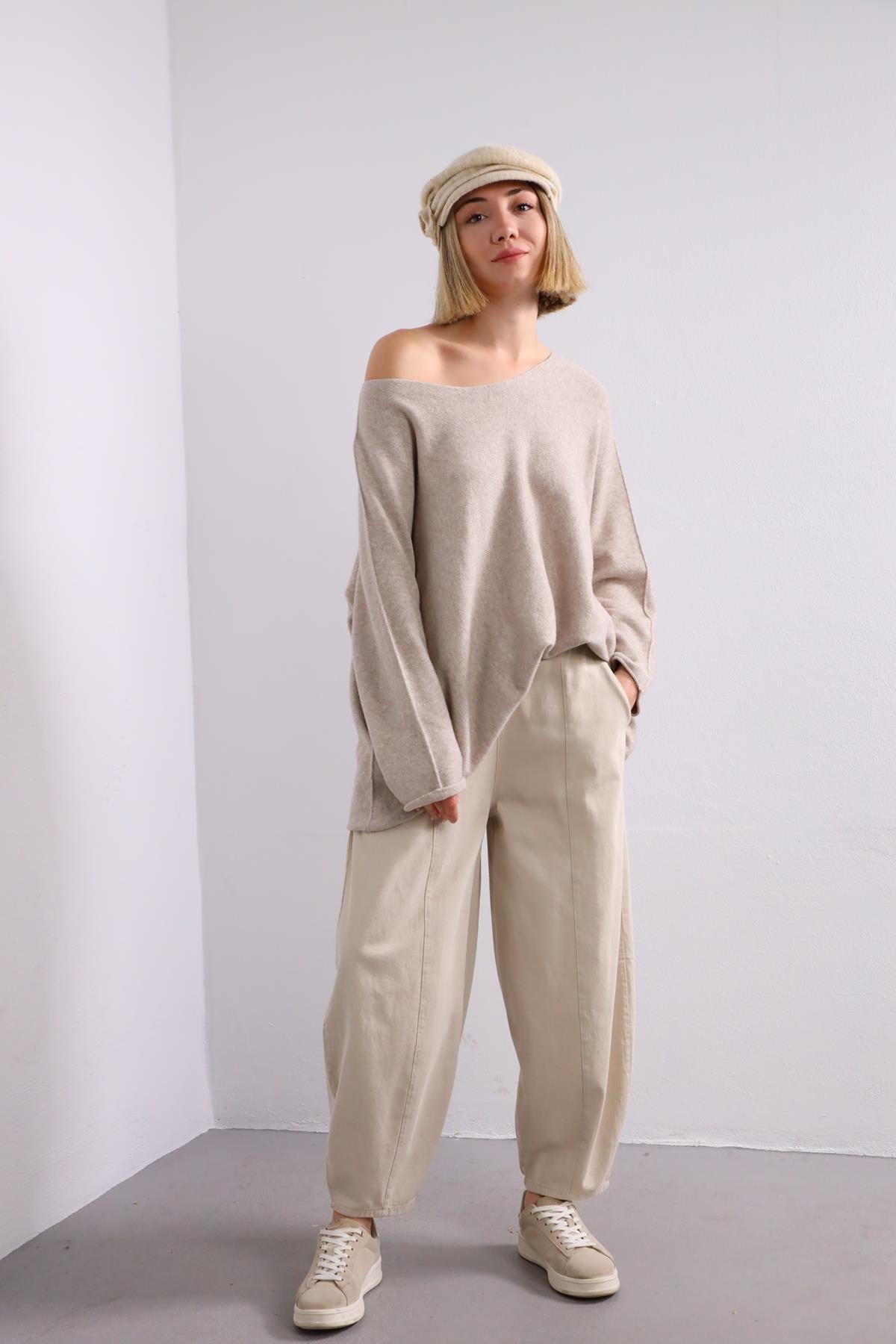 Bej Dikiş Detaylı Salaş Pantolon - Şaman Butik Bej Dikiş Detaylı Salaş Pantolon