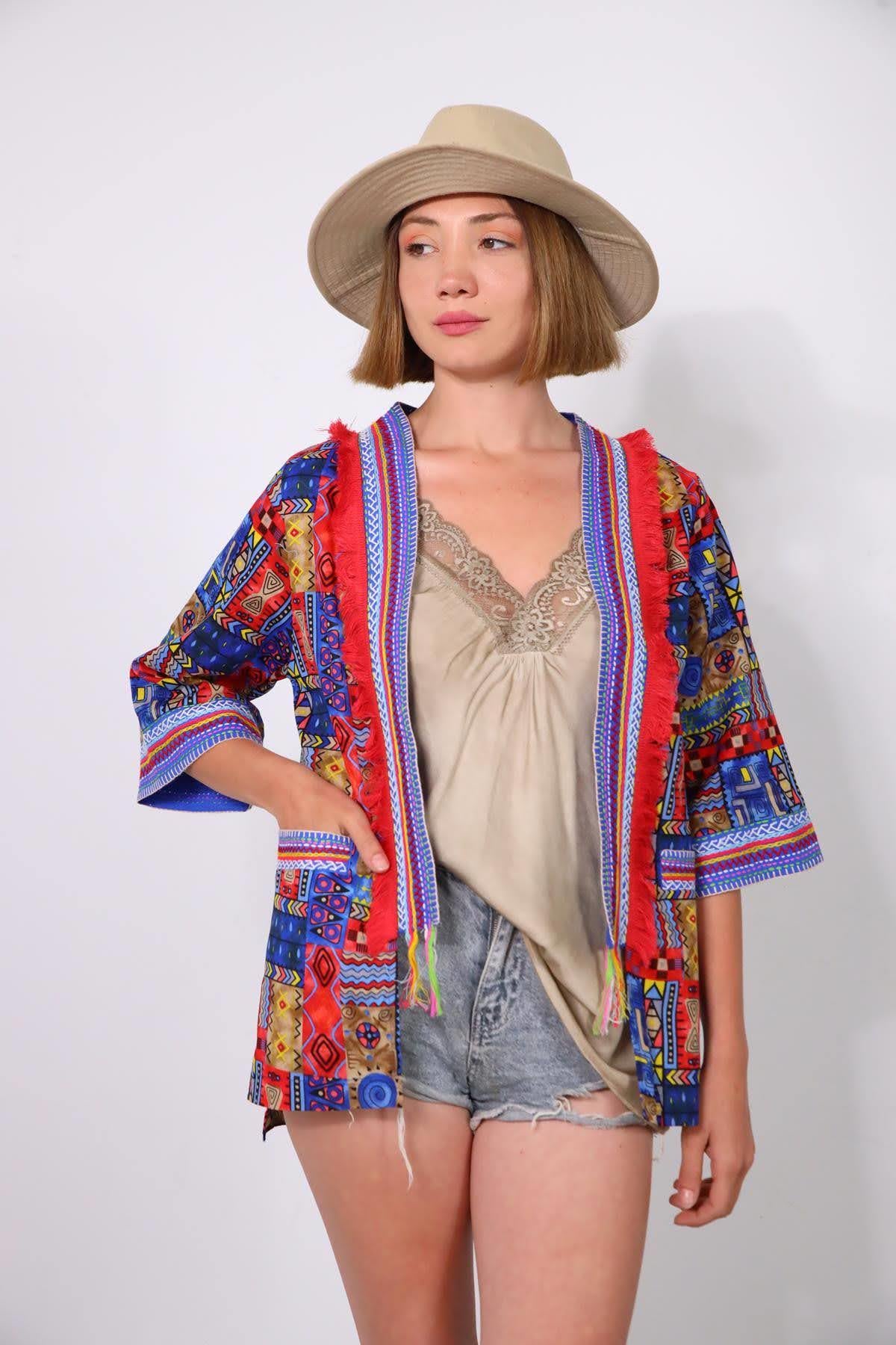 Lacivert Yakası Püsküllü İşlemeli Otantik Kısa Kaftan - Şaman Butik Lacivert Yakası Püsküllü İşlemeli Otantik Kısa Kaftan