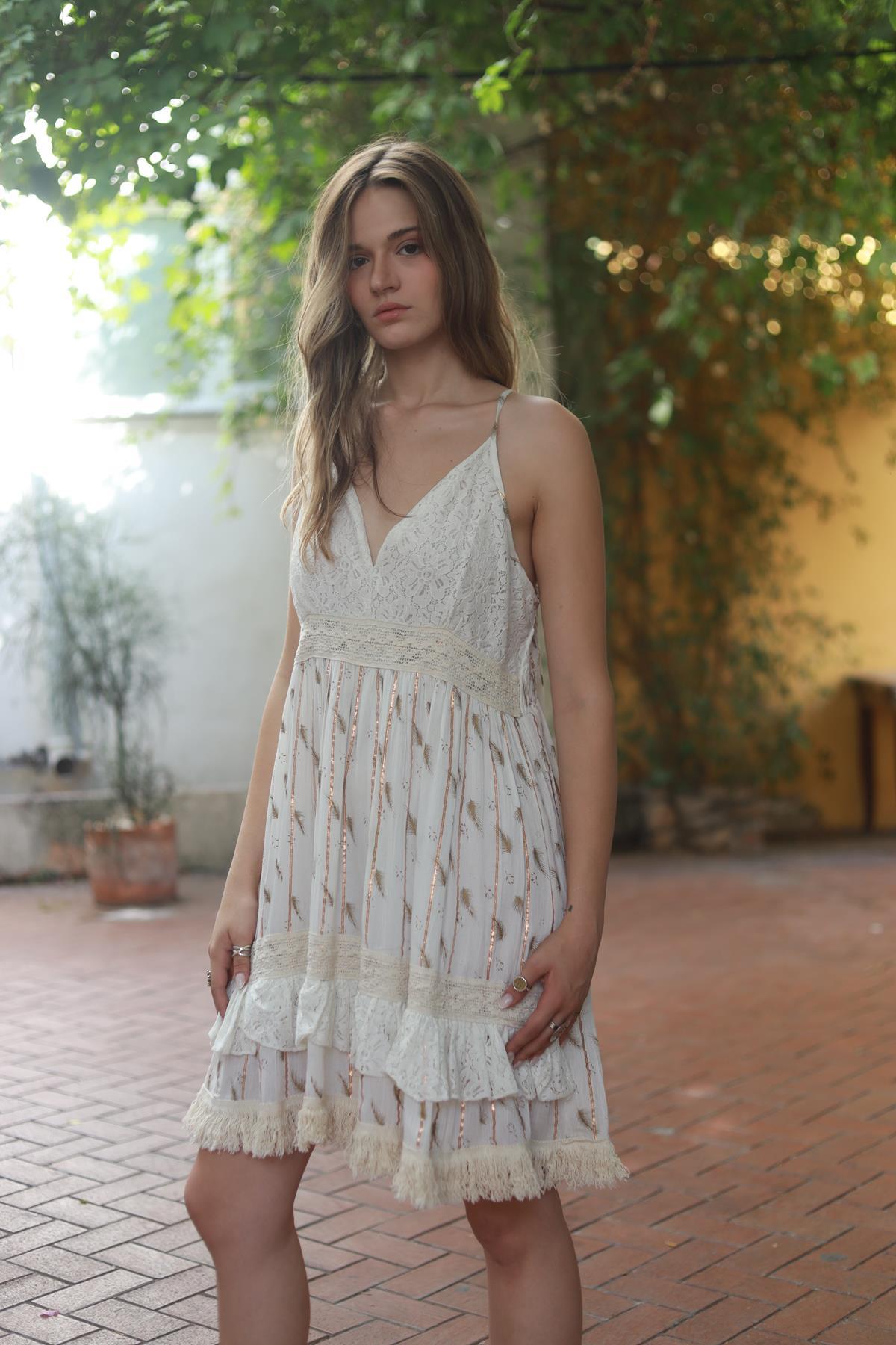 Ecru Laced Short Bohemian Dress