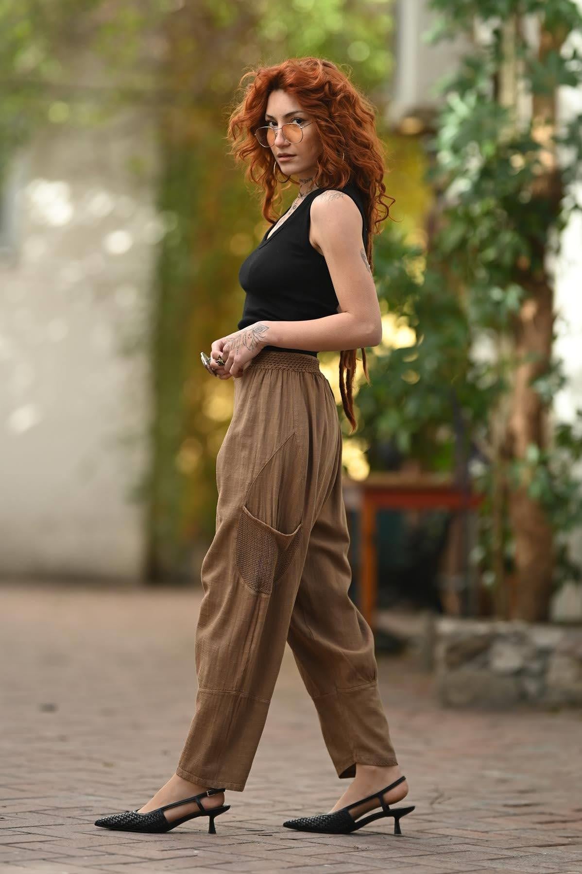 Sütlü Kahve Beli Gipeli File Cepli Pantolon