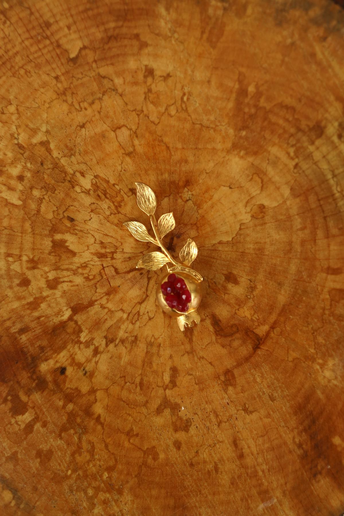 Doğal Taşlı Bronz Nar Tasarım Broş