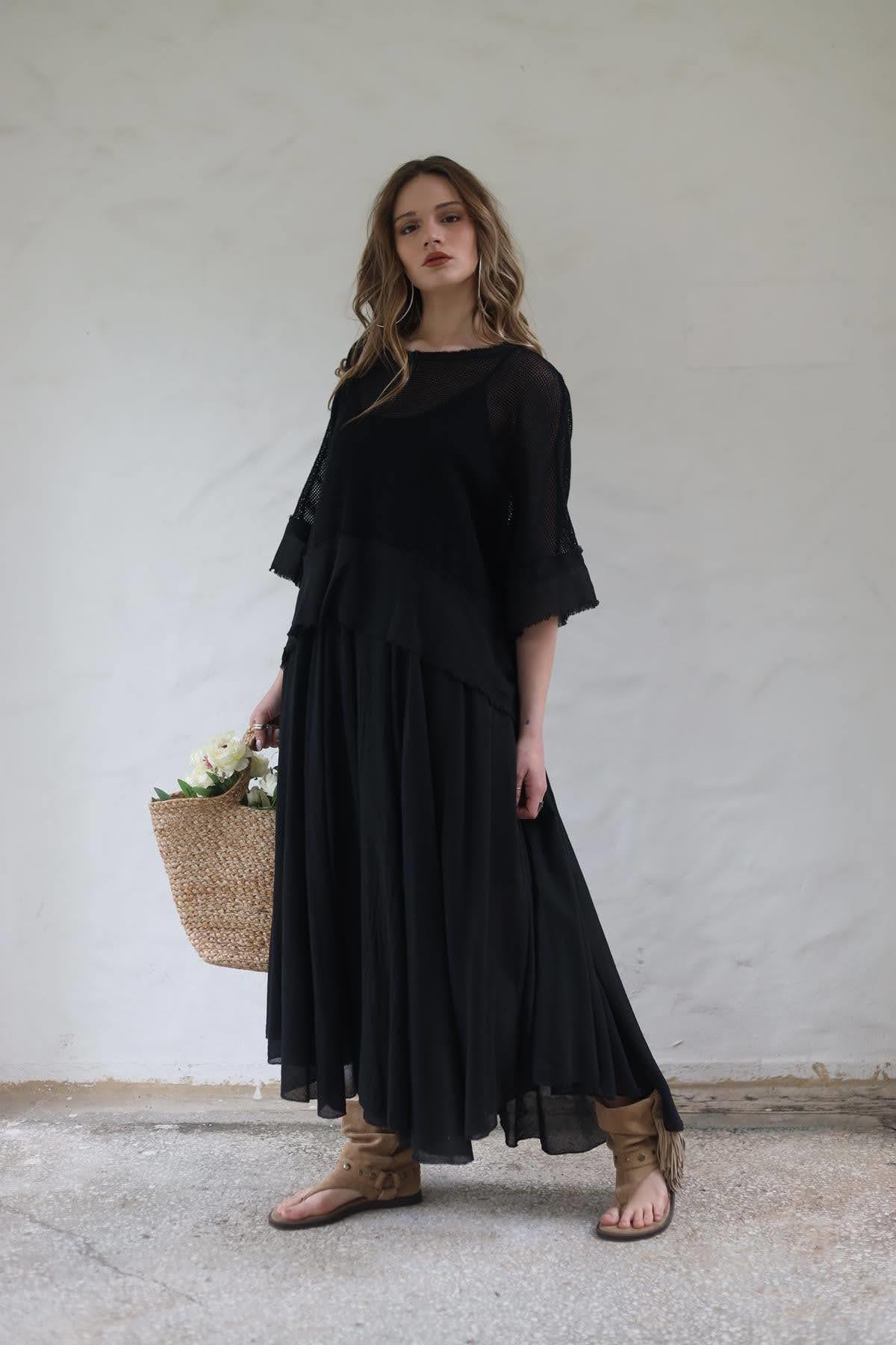 Siyah File Bluz Detaylı İp Askılı Elbise