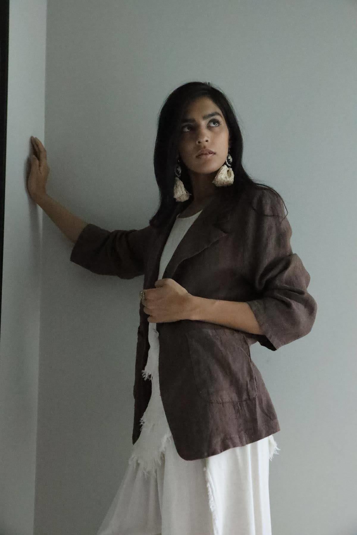 Kahverengi Tek Düğmeli Keten Ceket - Şaman Butik Kahverengi Tek Düğmeli Keten Ceket