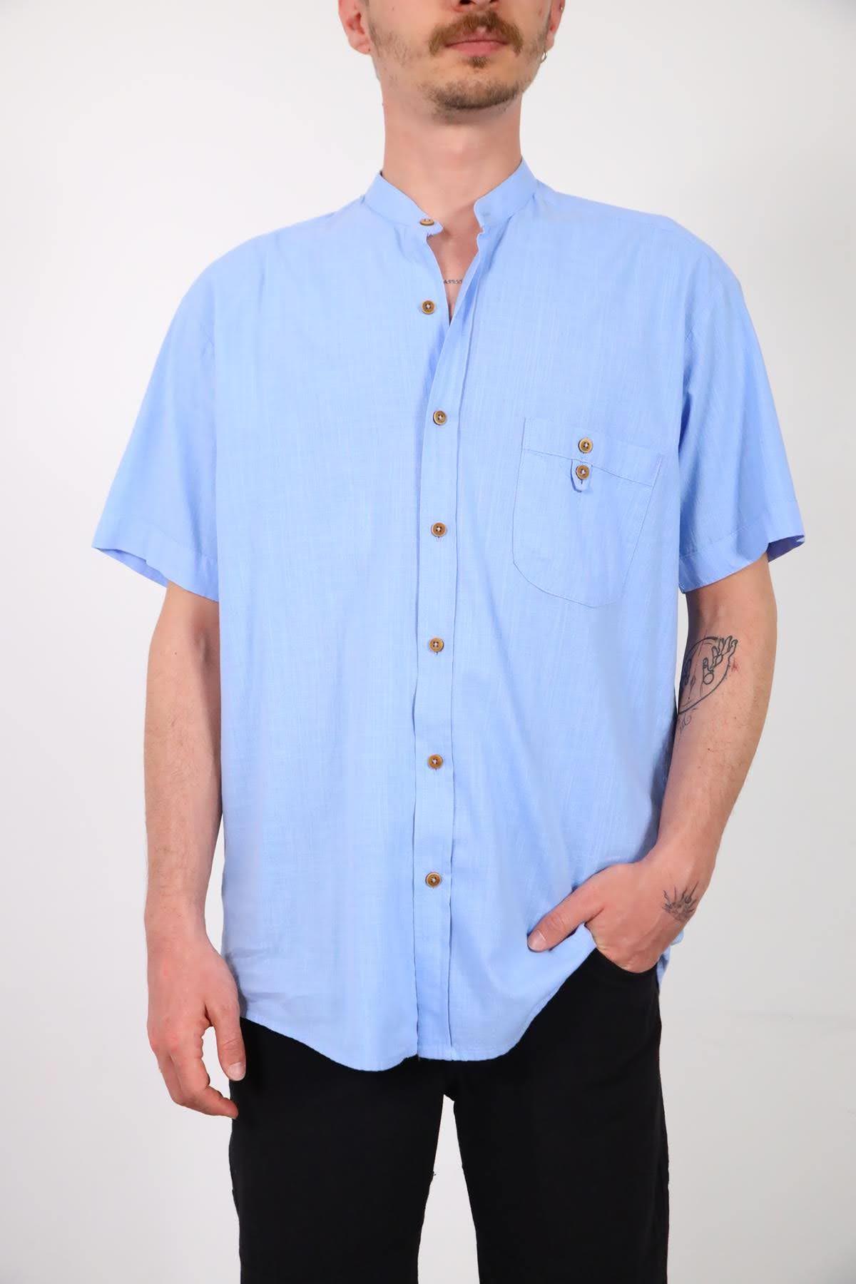  Mavi Hakim Yaka Cebi Detaylı Kısa Kollu Erkek Gömlek