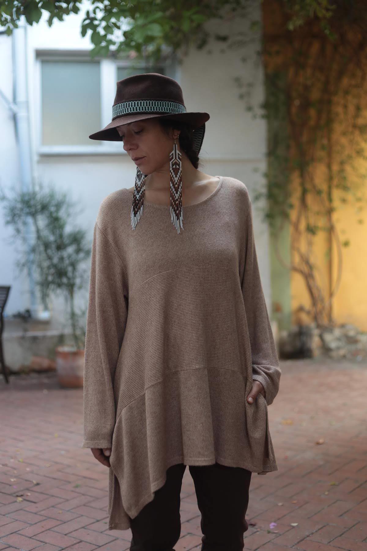 Sütlü Kahve Dikiş Detaylı Tunik