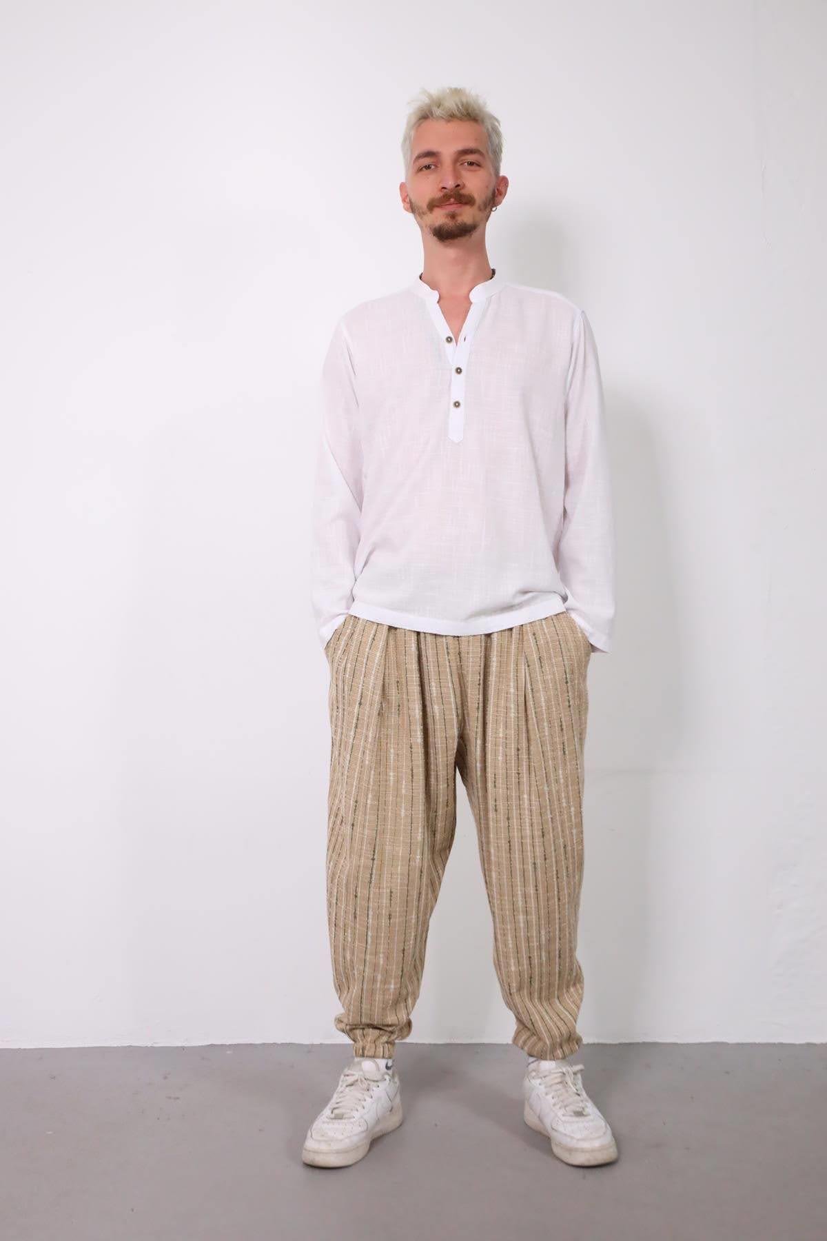  Bej Beli Pileli Paçası Büzgülü Çizgili Erkek Pantolon