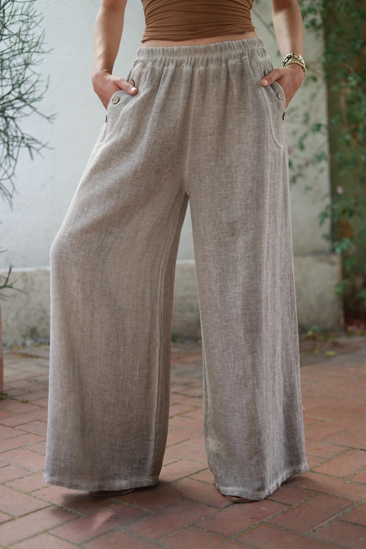 Vizon Rengi Cebi Düğmeli Soft Keten Pantolon