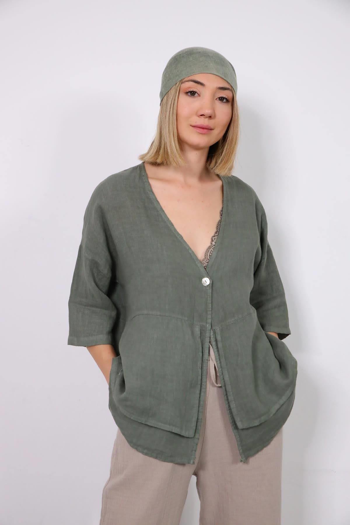 Haki Önü Parça Detaylı Tek Düğmeli Keten Ceket - Şaman Butik Haki Önü Parça Detaylı Tek Düğmeli Keten Ceket