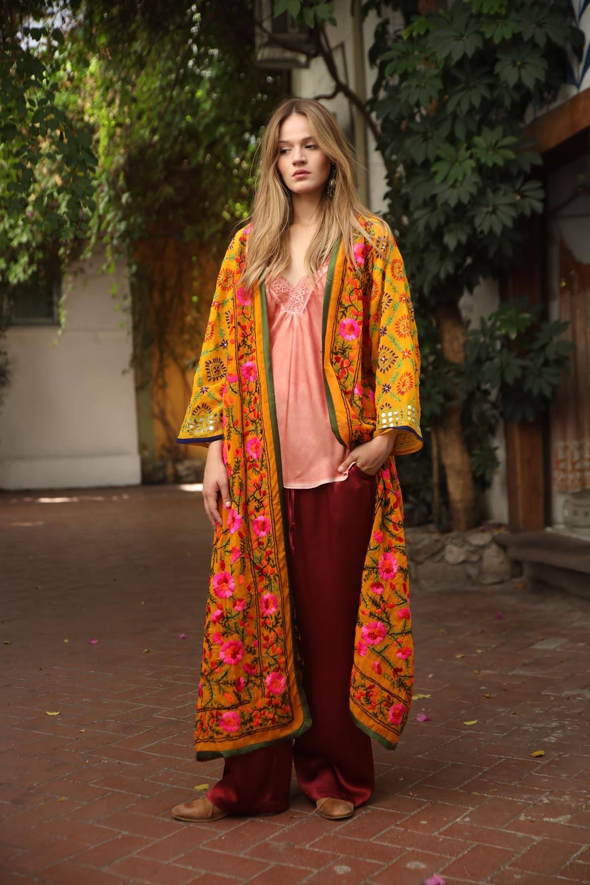 Yanık Turuncu İşlemeli Bohem Kaftan