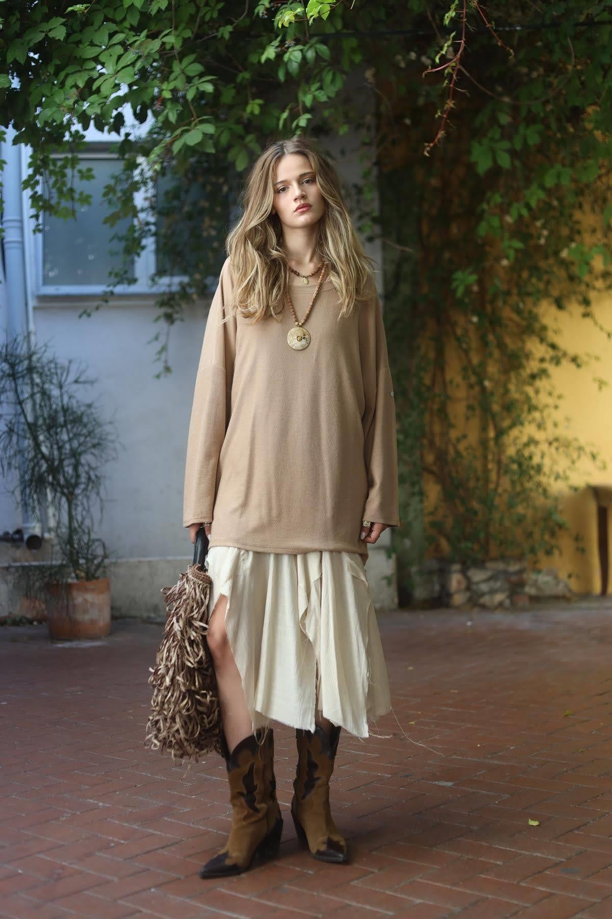 Sütlü Kahve Bisiklet Yaka Kolları Apoletli Yumuşak Doku Tunik