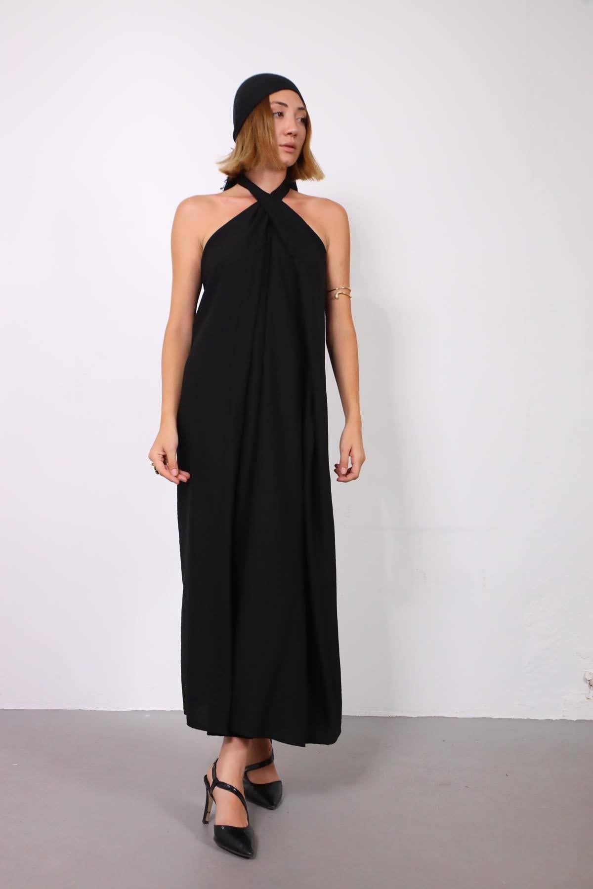 Siyah Bağlamalı Halter Yaka Elbise - Şaman Butik Siyah Bağlamalı Halter Yaka Elbise