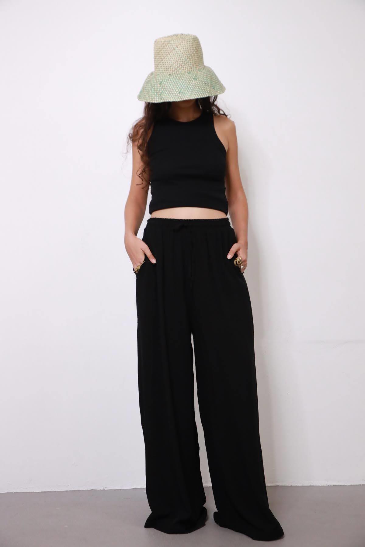 Siyah Salaş Beli Lastikli Pantolon - Şaman Butik Siyah Salaş Beli Lastikli Pantolon