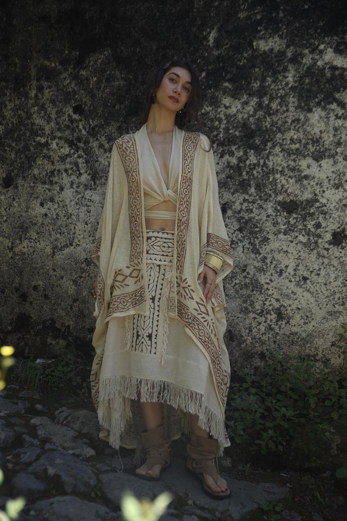 Krem Rengi Otantik Baskılı File Kimono