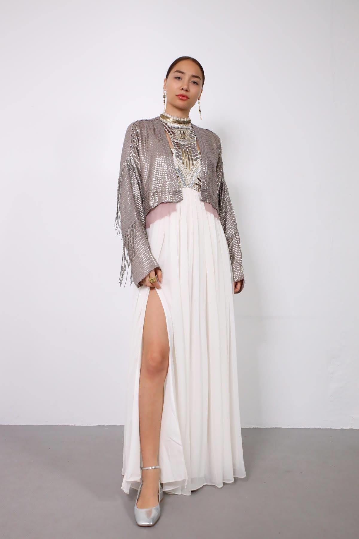 Gri Püsküllü Metalik Ceket - Şaman Butik Gri Püsküllü Metalik Ceket