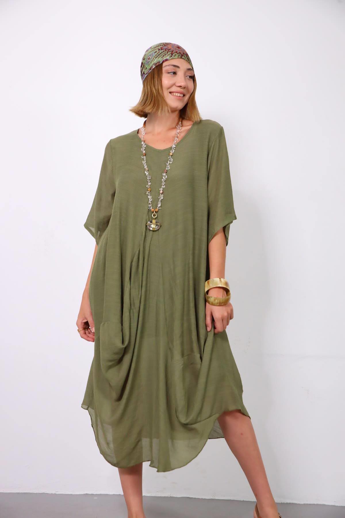 Haki Yarım Kollu V Yaka Salaş Elbise - Şaman Butik Haki Yarım Kollu V Yaka Salaş Elbise