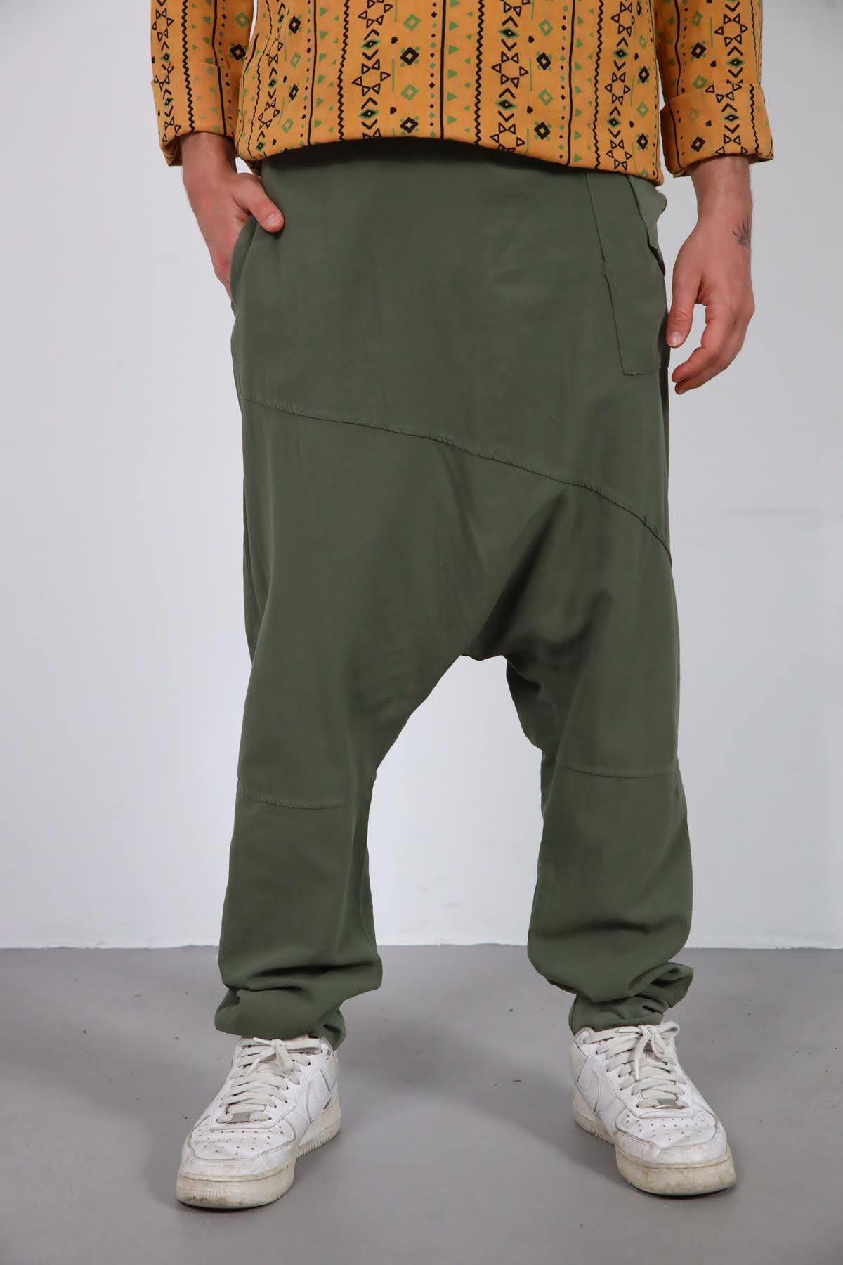Khaki Stitch Detailed Raj Drop Crotch Pants - Saman Butik | Shop