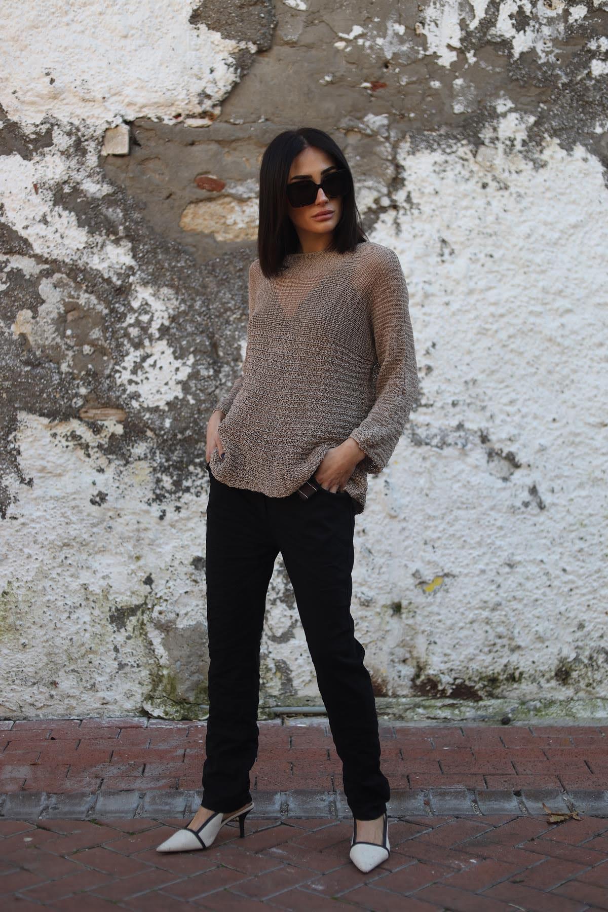 Siyah Beli Lastikli Dikiş Detaylı Likralı Pantolon