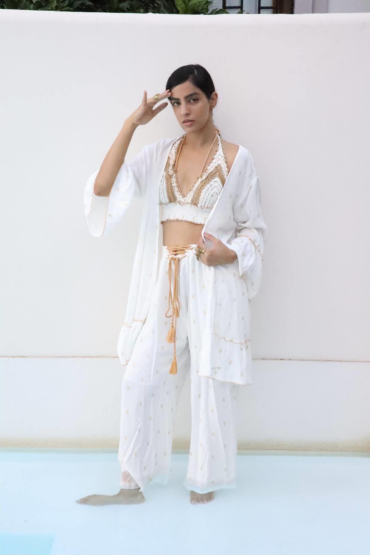 Ekru Örgü ve Payet Detaylı Otantik Üçlü Takım - Şaman Butik Ekru Örgü ve Payet Detaylı Otantik Üçlü Takım