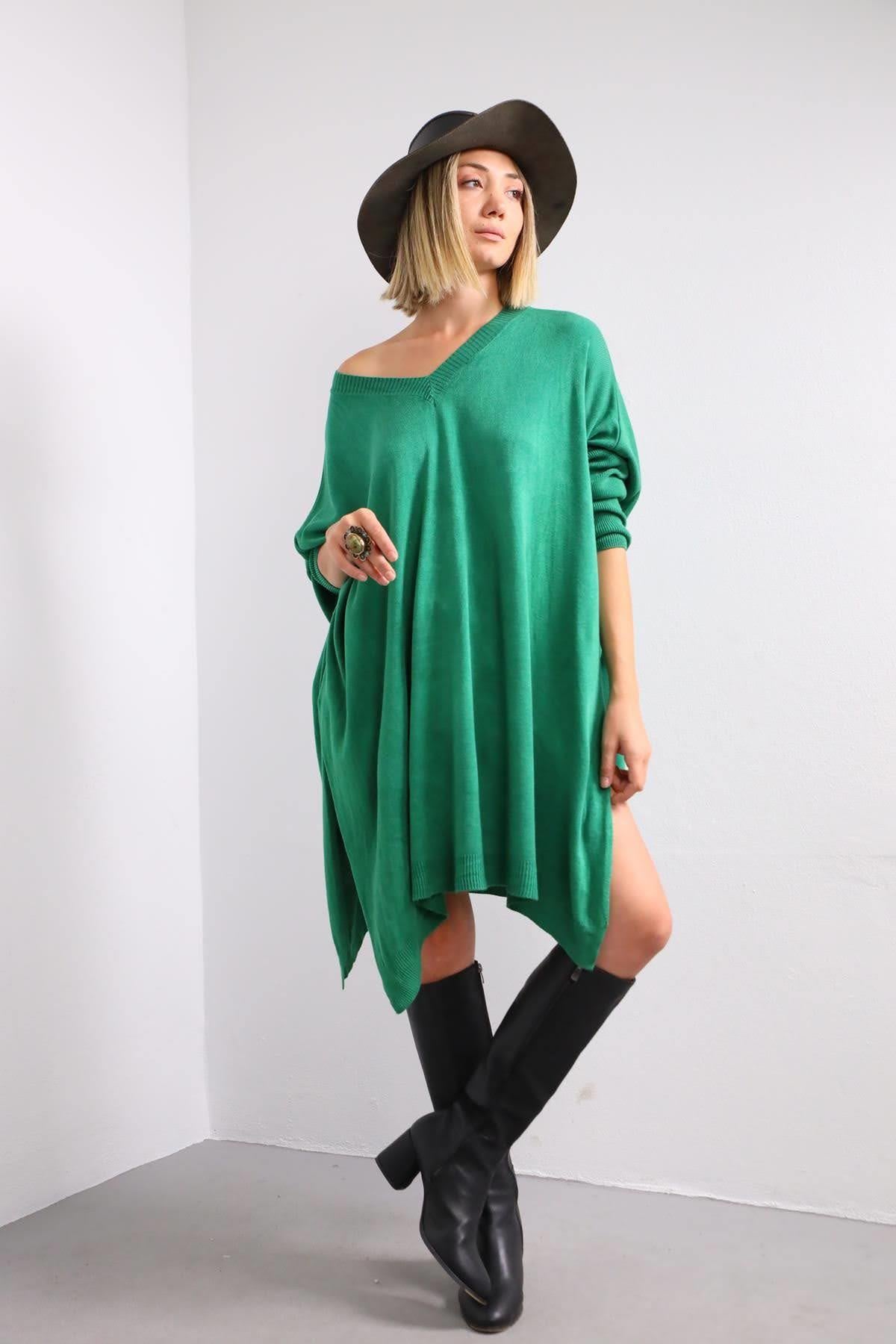 Yeşil V Yaka Yırtmaçlı Triko Tunik - Şaman Butik - Bohem Giyim ve Aksesuar | Kadın & Erkek Yeşil V Yaka Yırtmaçlı Triko Tunik