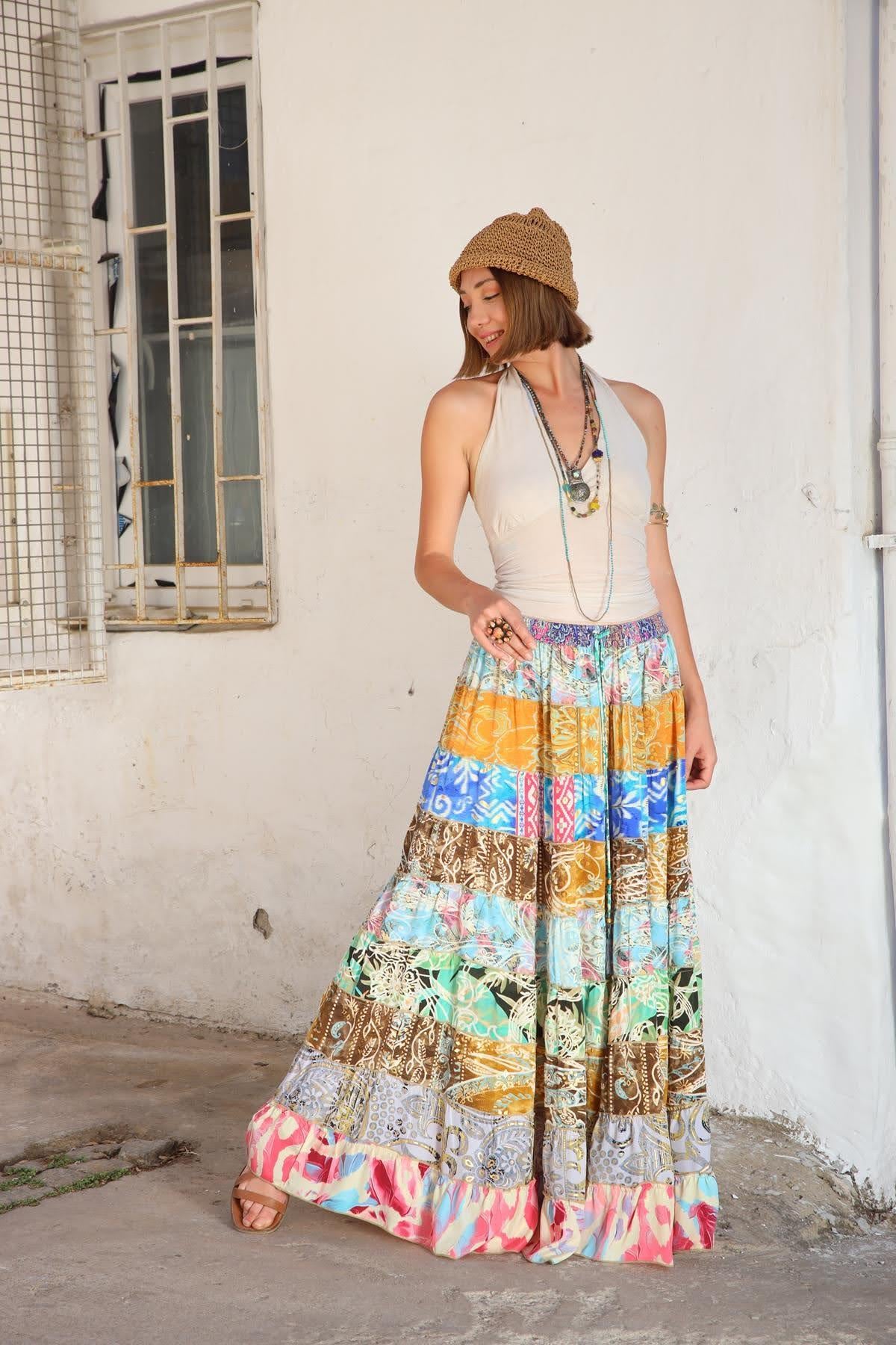 Renkli Patchwork Otantik İpek Etek - Şaman Butik Renkli Patchwork Otantik İpek Etek