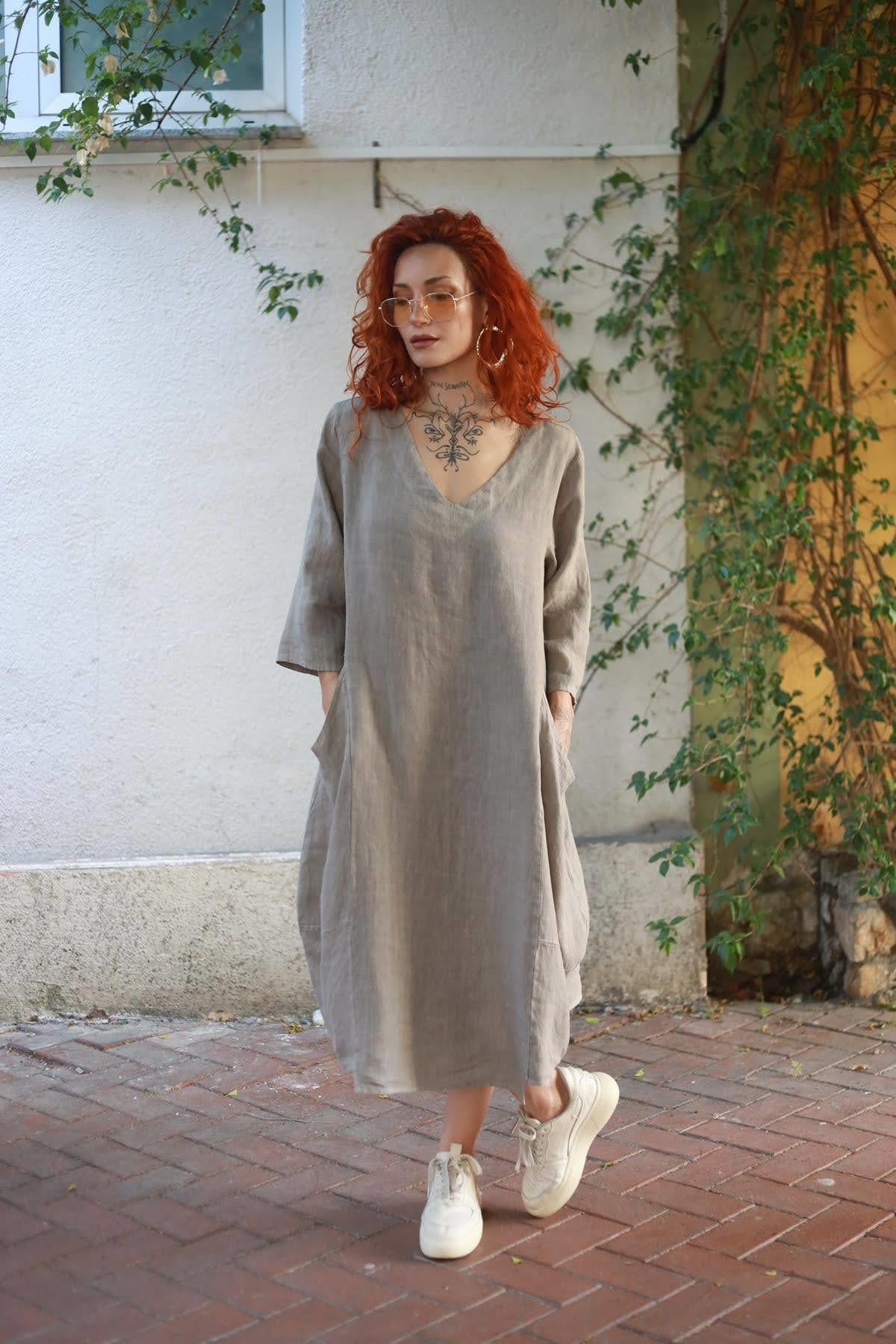 Vizon Rengi V Yaka Cepli Midi Keten Elbise