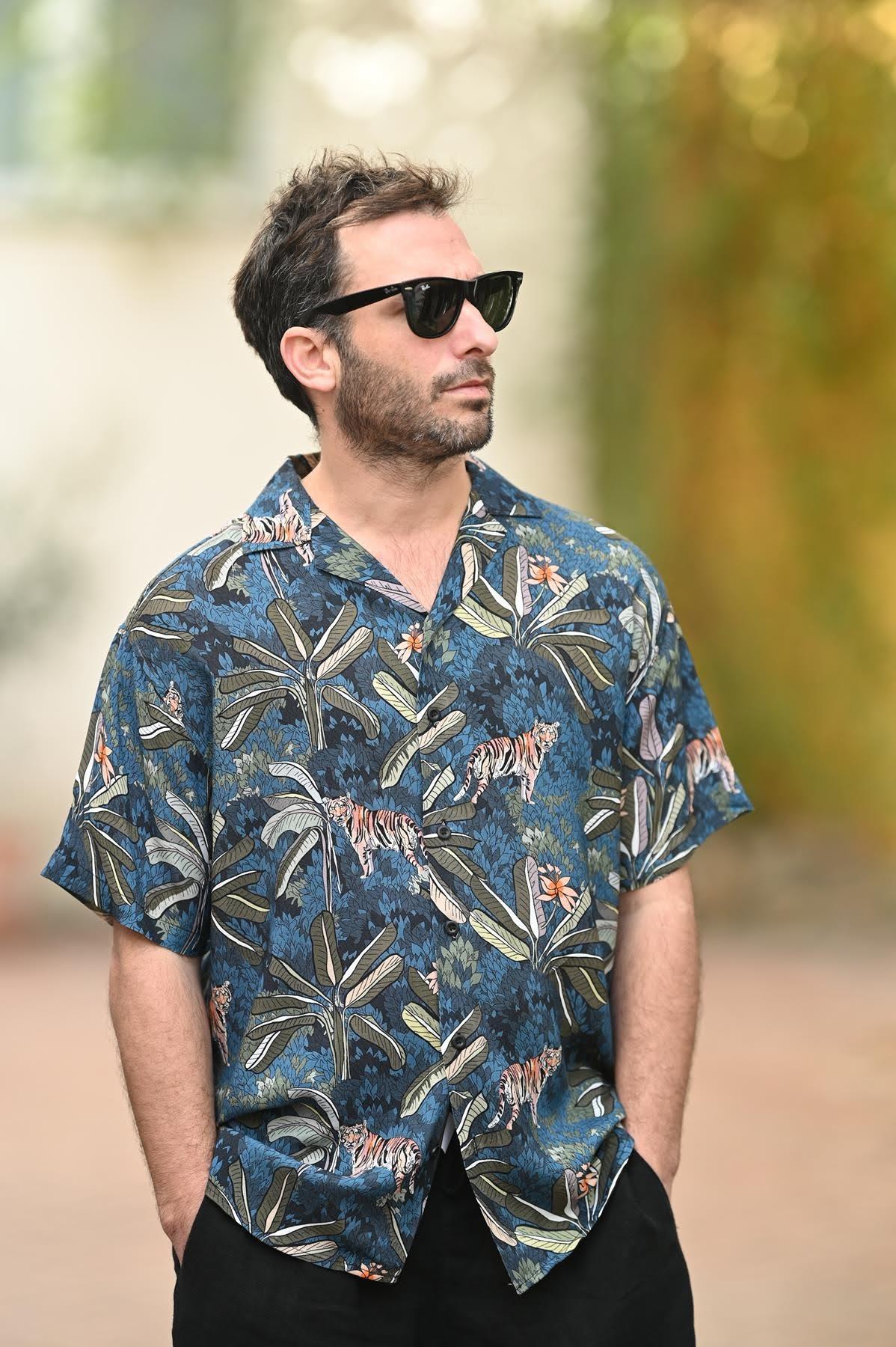 Indigo Blue Patterned Short Sleeve Men's Shirt