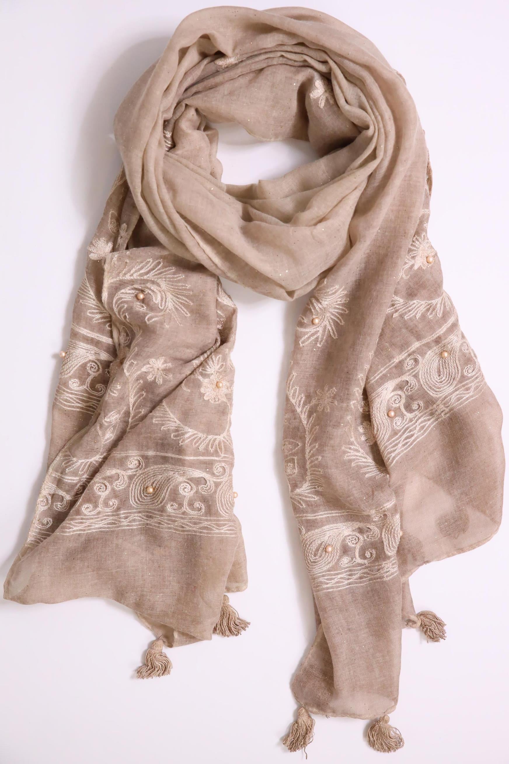  Vizon Rengi Simli İnci İşlemeli Şal