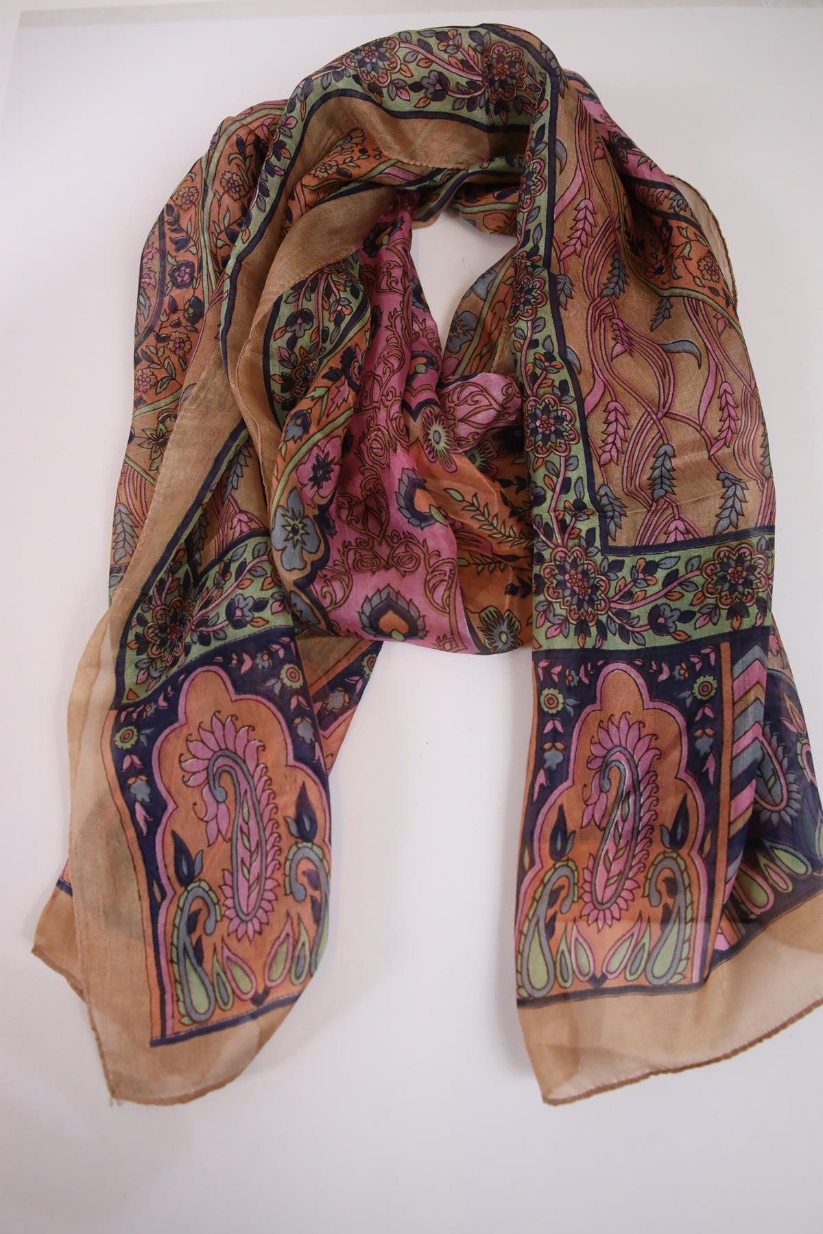 Sütlü Kahve Desenli İpek Şal - Şaman Butik Sütlü Kahve Desenli İpek Şal